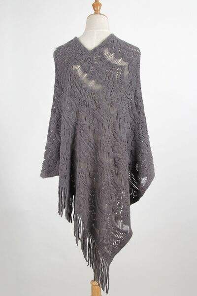Fringe Openwork Surplice Cape Sleeve Poncho - Trendsi - Flyclothing LLC