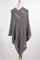 Fringe Openwork Surplice Cape Sleeve Poncho - Trendsi - Flyclothing LLC
