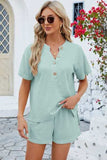 Notched Button Detail Dropped Shoulder Top and Shorts Set - Trendsi - Flyclothing LLC