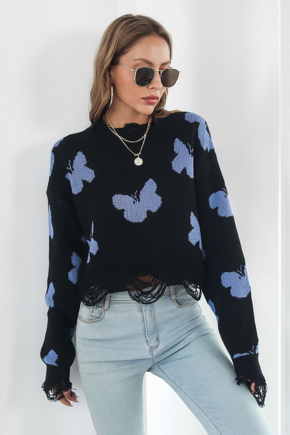 Printed Round Neck Ribbed Long Sleeve Sweater - Trendsi