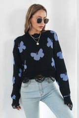 Printed Round Neck Ribbed Long Sleeve Sweater - Trendsi