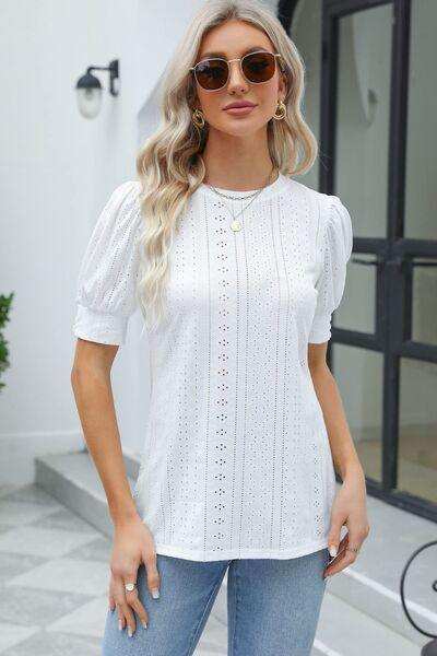 Openwork Round Neck Short Sleeve Blouse - Trendsi - Flyclothing LLC