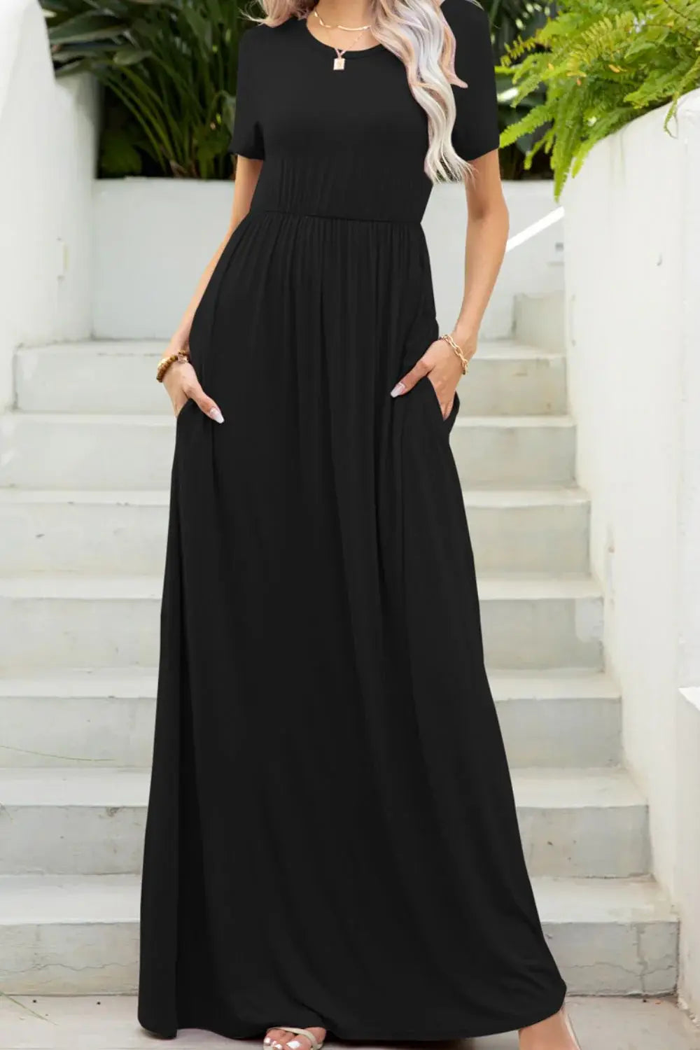 Round Neck Maxi Tee Dress with Pockets - Trendsi - Flyclothing LLC