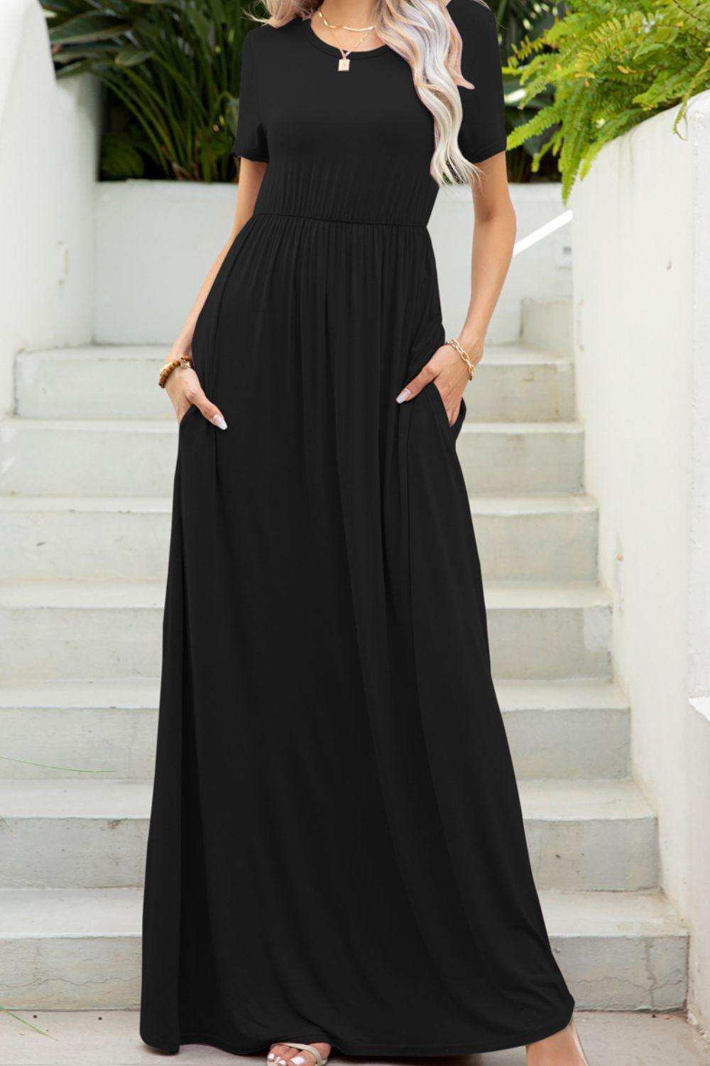 Round Neck Maxi Tee Dress with Pockets - Trendsi