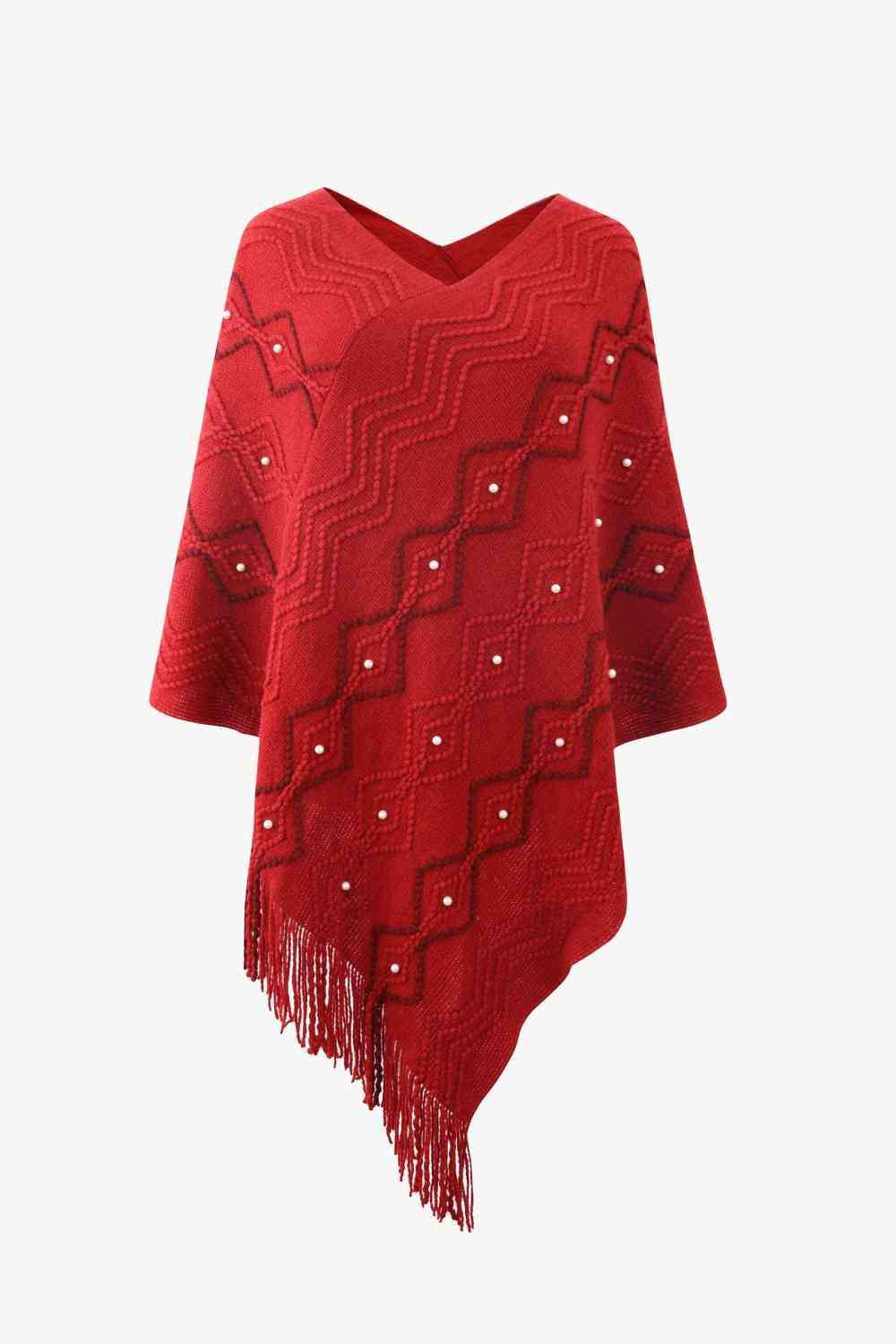 Pearl Trim V-Neck Fringe Hem Poncho - Trendsi - Flyclothing LLC