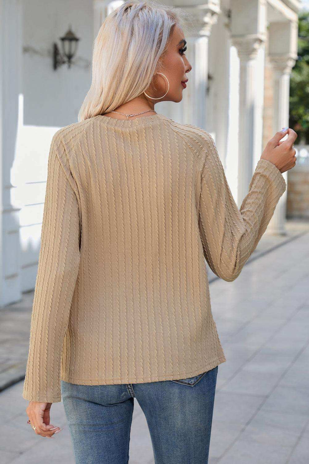 Round Neck Raglan Sleeve Ribbed Blouse - Trendsi - Flyclothing LLC