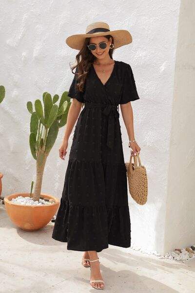 Swiss Dot Tied Surplice Short Sleeve Dress - Trendsi - Flyclothing LLC