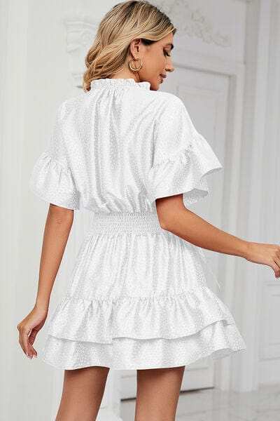 Smocked Tie Neck Flounce Sleeve Dress - Trendsi - Flyclothing LLC