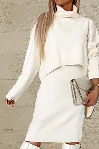 Turtleneck Dropped Shoulder Sweater and Midi Dress Sweater Set - Trendsi - Flyclothing LLC