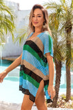 Openwork Striped V-Neck Short Sleeve Cover Up - Trendsi - Flyclothing LLC