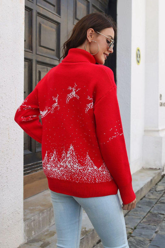 Reindeer & Snow Pattern Turtle Neck Pullover Sweater - Trendsi