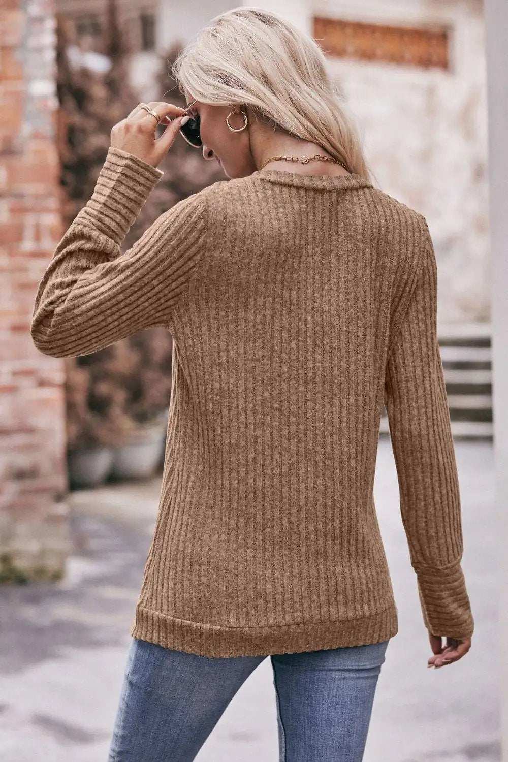 V-Neck Long Sleeve Ribbed Top - Trendsi - Flyclothing LLC