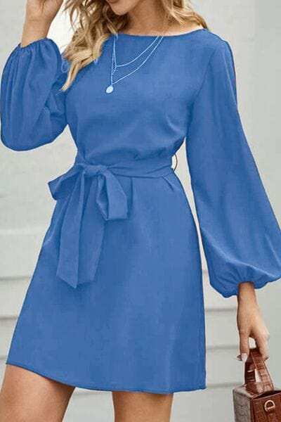 Tied Boat Neck Balloon Sleeve Mini Dress - Trendsi - Flyclothing LLC