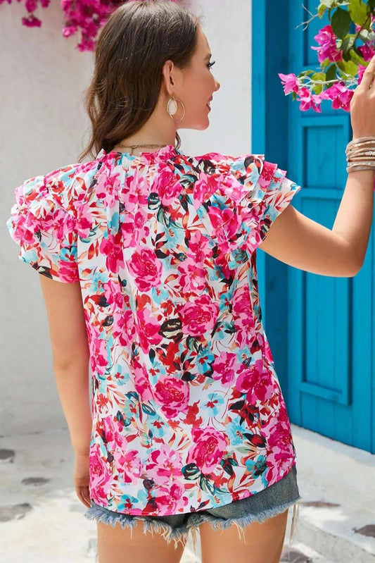 Floral Tie Neck Flutter Sleeve Blouse - Trendsi - Flyclothing LLC