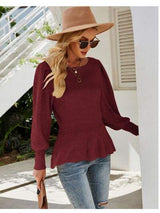 （No）Ribbed Round Neck Lantern Sleeve Sweater - Trendsi - Flyclothing LLC