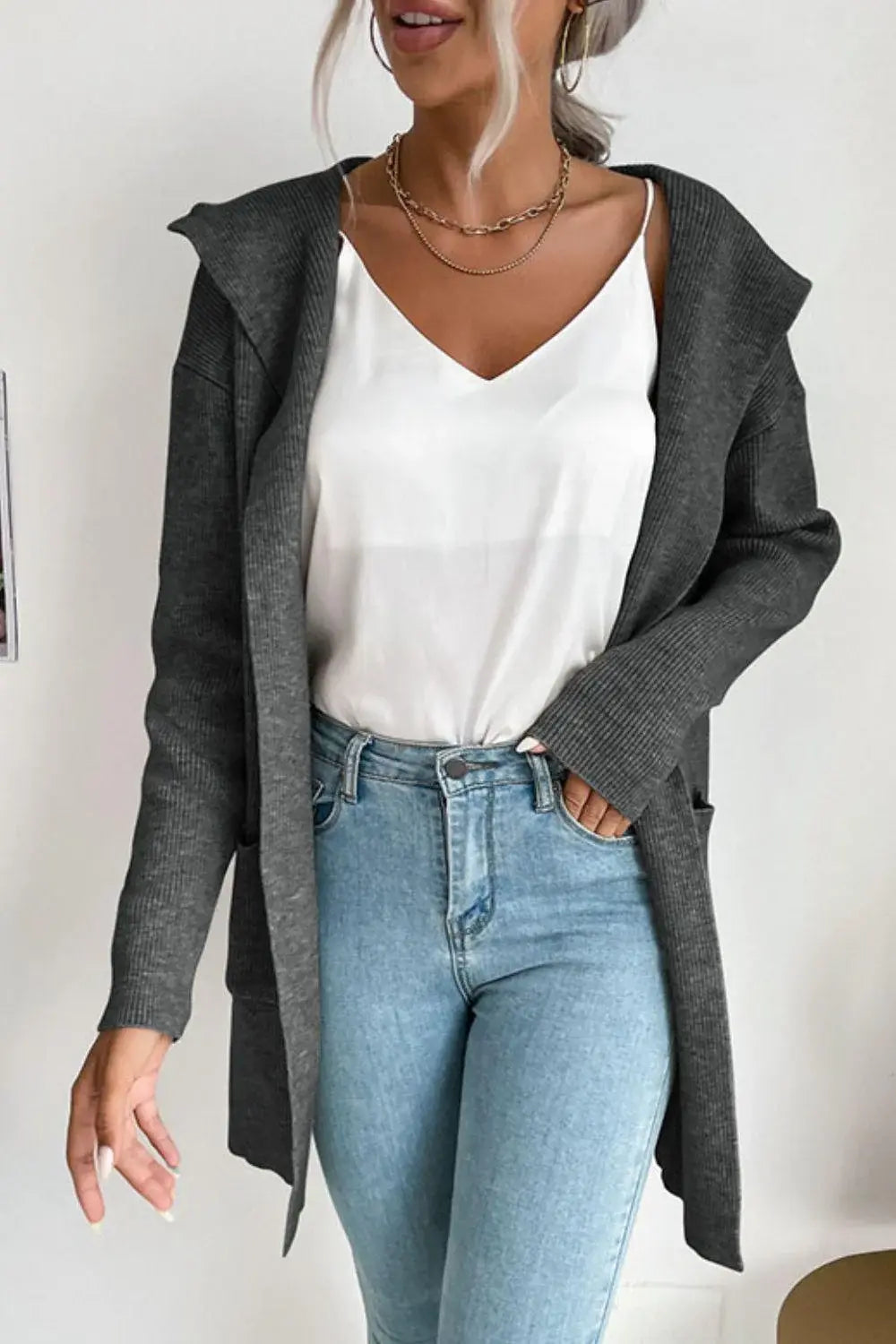 Ribbed Open Front Hooded Cardigan with Pockets - Trendsi - Flyclothing LLC