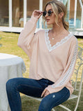Contrast Spliced Lace V-Neck Top - Trendsi - Flyclothing LLC
