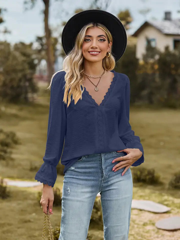 V-Neck Flounce Sleeve Blouse - Trendsi - Flyclothing LLC