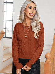 Cable-Knit Round Neck Long Sleeve Sweater - Trendsi