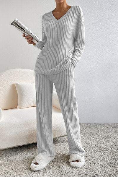Ribbed V-Neck Top and Pants Lounge Set - Trendsi - Flyclothing LLC