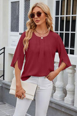 Round Neck Slit Half Sleeve Top - Trendsi