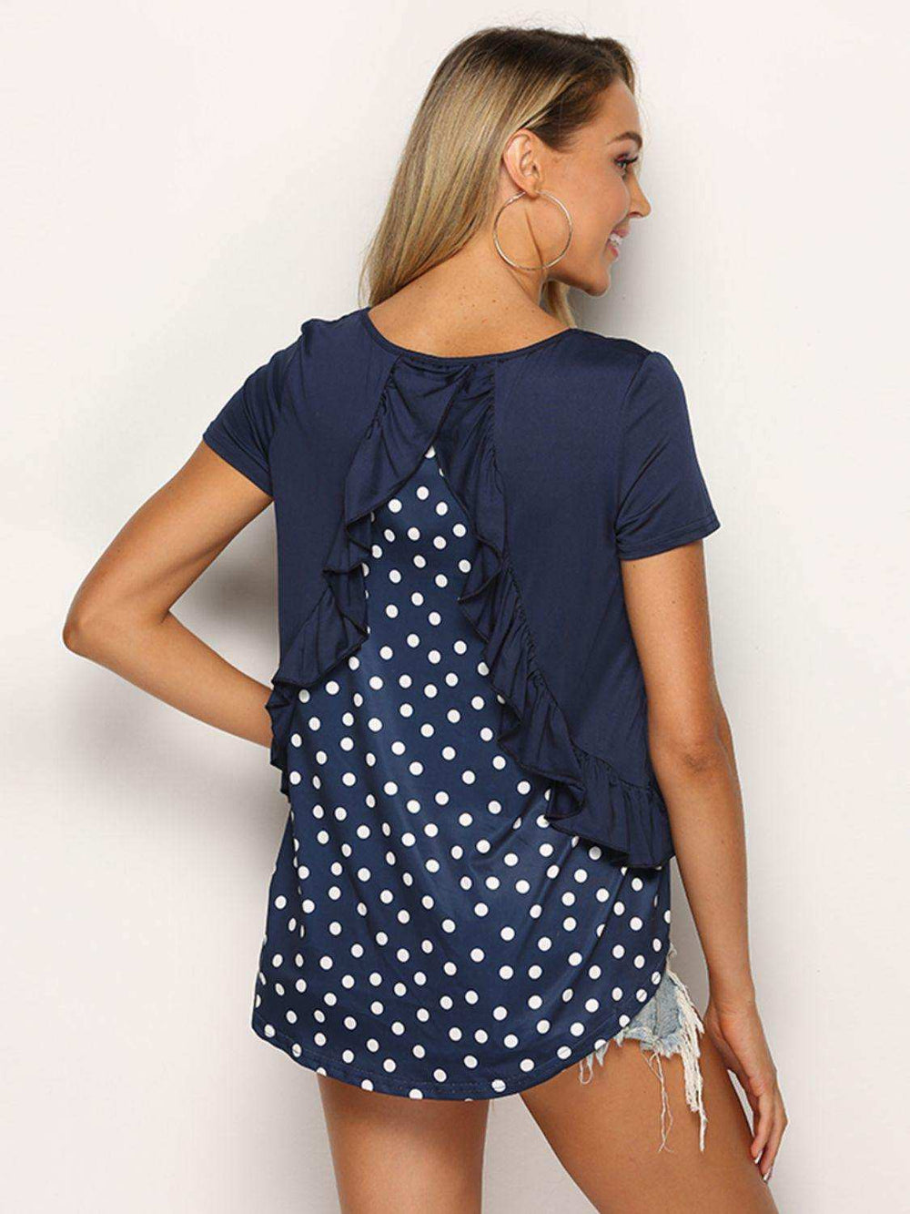 Polka Dot Ruffled Round Neck Top - Trendsi - Flyclothing LLC