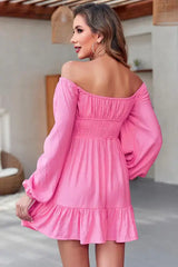 Smocked Balloon Sleeve Off-Shoulder Mini Dress - Trendsi - Flyclothing LLC