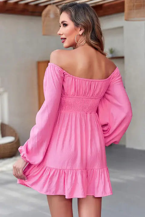 Smocked Balloon Sleeve Off-Shoulder Mini Dress - Trendsi - Flyclothing LLC