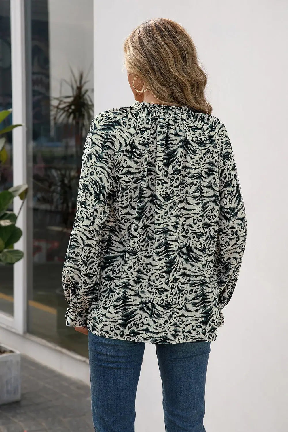 Printed Tie Neck Frill Trim Flounce Sleeve Blouse - Trendsi - Flyclothing LLC