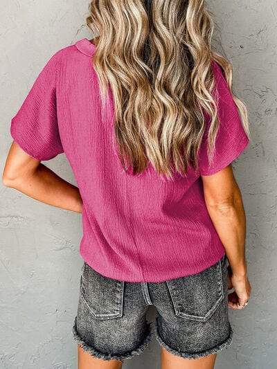 Textured V-Neck Short Sleeve T-Shirt - Trendsi - Flyclothing LLC