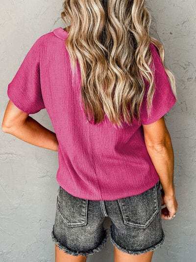 Textured V-Neck Short Sleeve T-Shirt - Trendsi - Flyclothing LLC