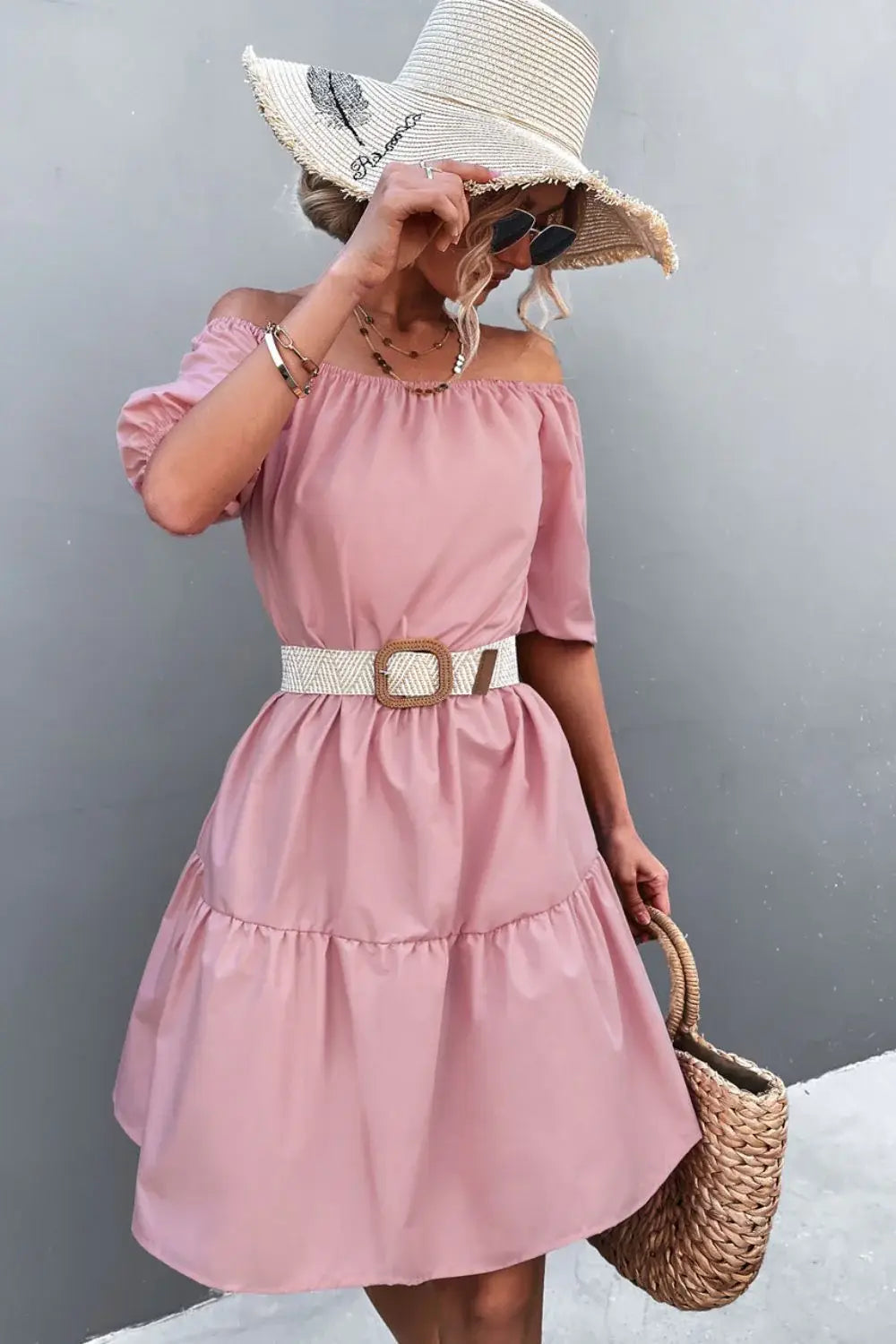 Square Neck Short Sleeve Mini Dress - Trendsi - Flyclothing LLC
