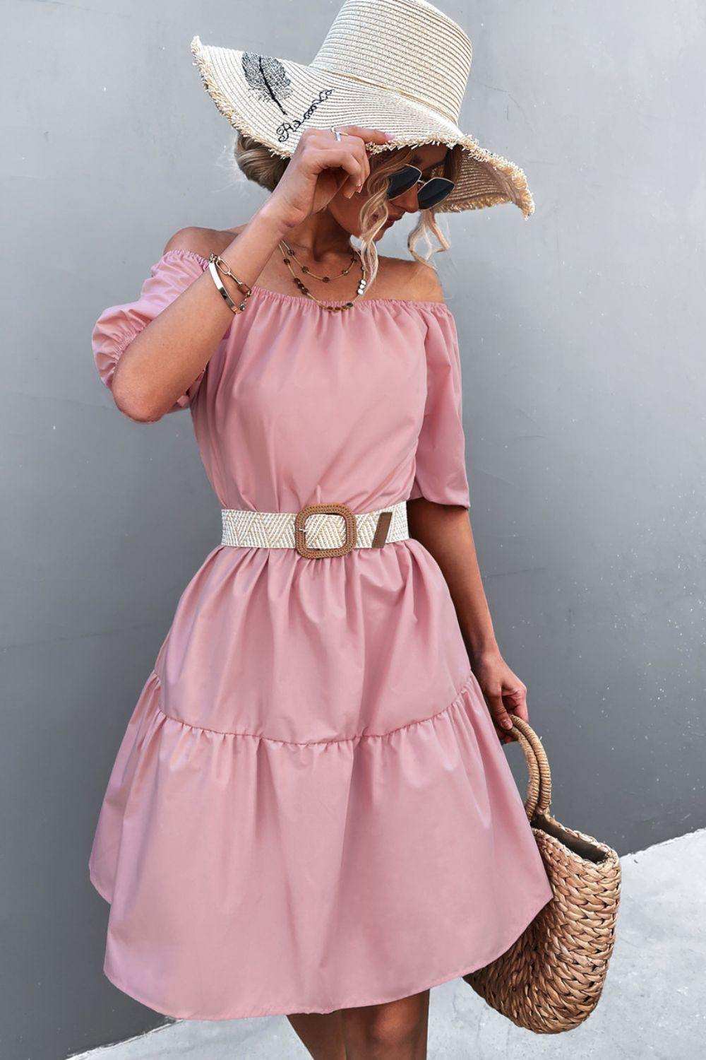 Square Neck Short Sleeve Mini Dress - Trendsi - Flyclothing LLC