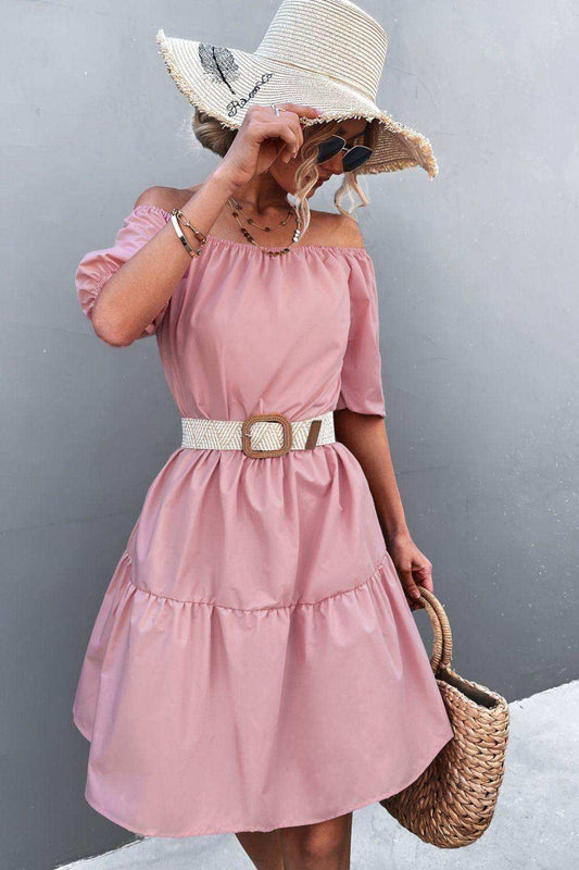 Square Neck Short Sleeve Mini Dress - Trendsi - Flyclothing LLC