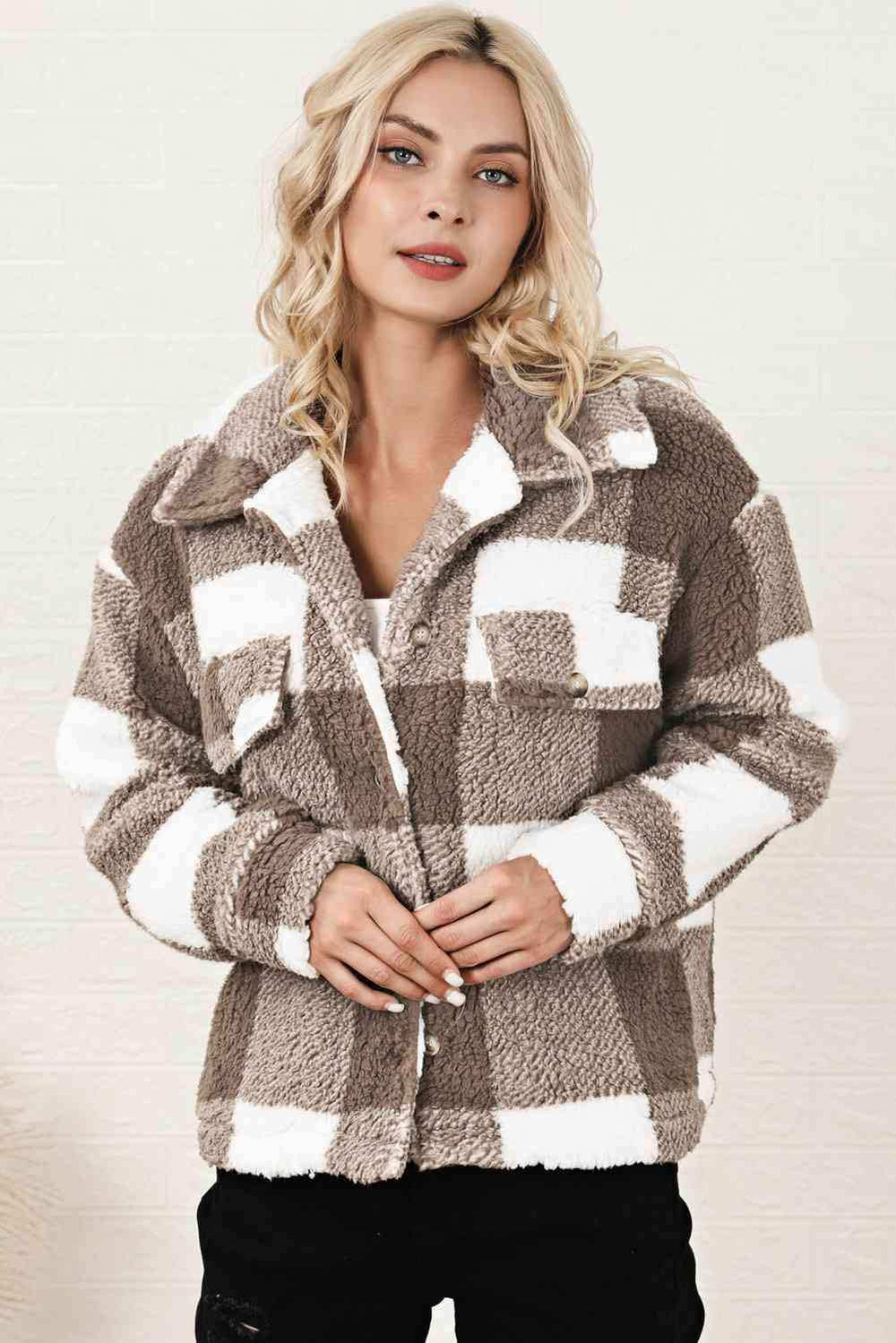 Plaid Collared Neck Drop Shoulder Jacket - Trendsi - Flyclothing LLC