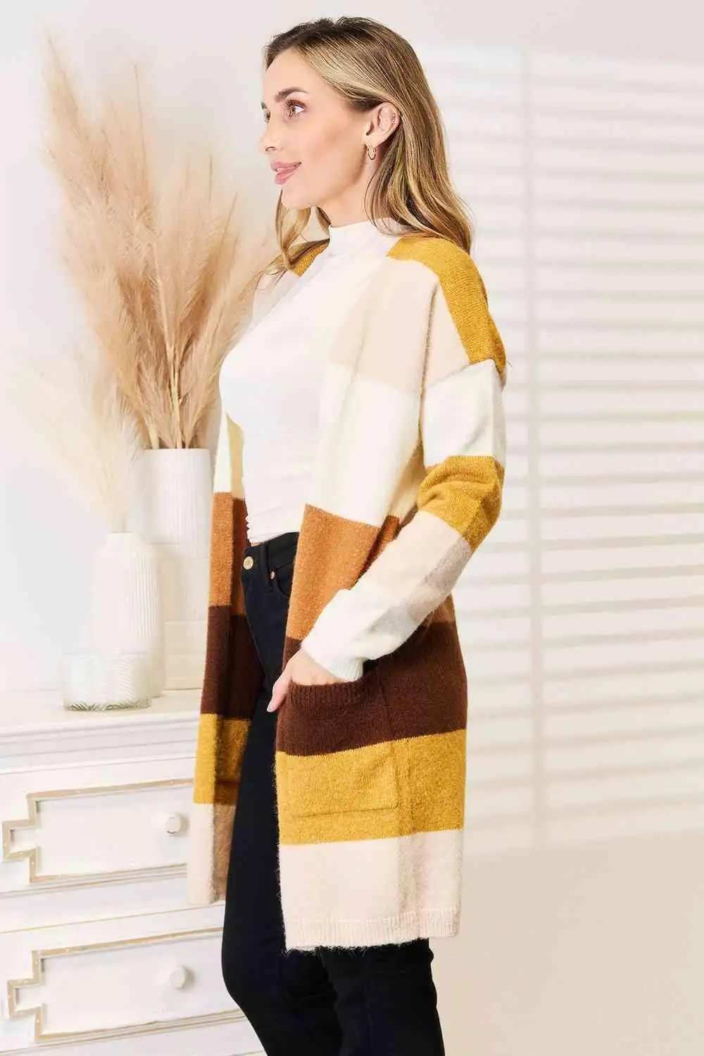Woven Right Color Block Dropped Shoulder Cardigan - Trendsi - Flyclothing LLC