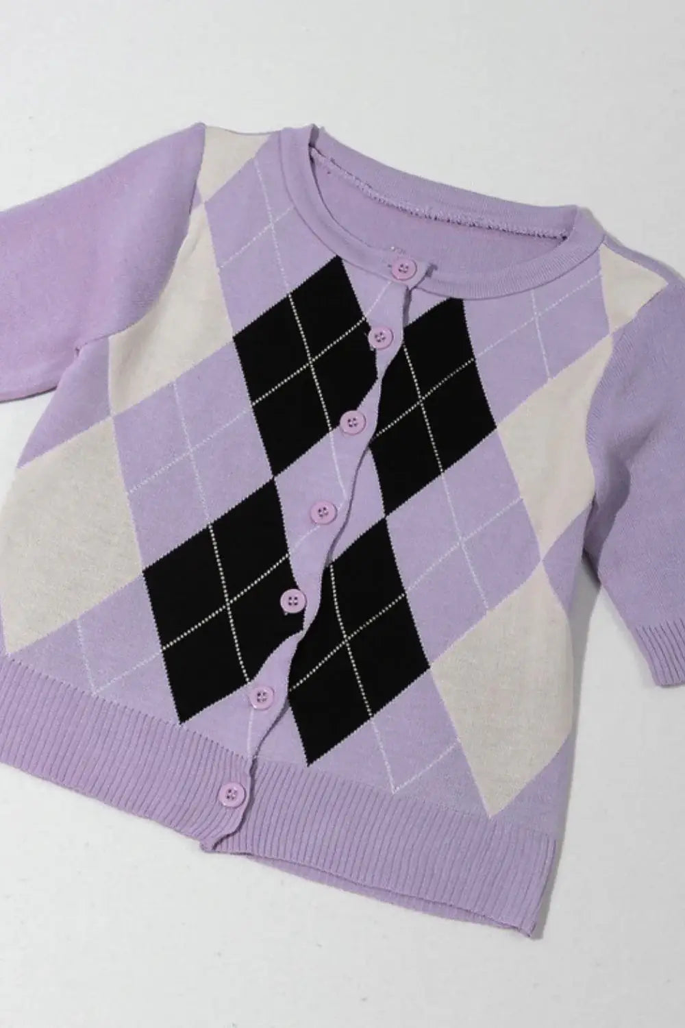 Argyle Round Neck Ribbed Trim Cardigan - Trendsi - Flyclothing LLC
