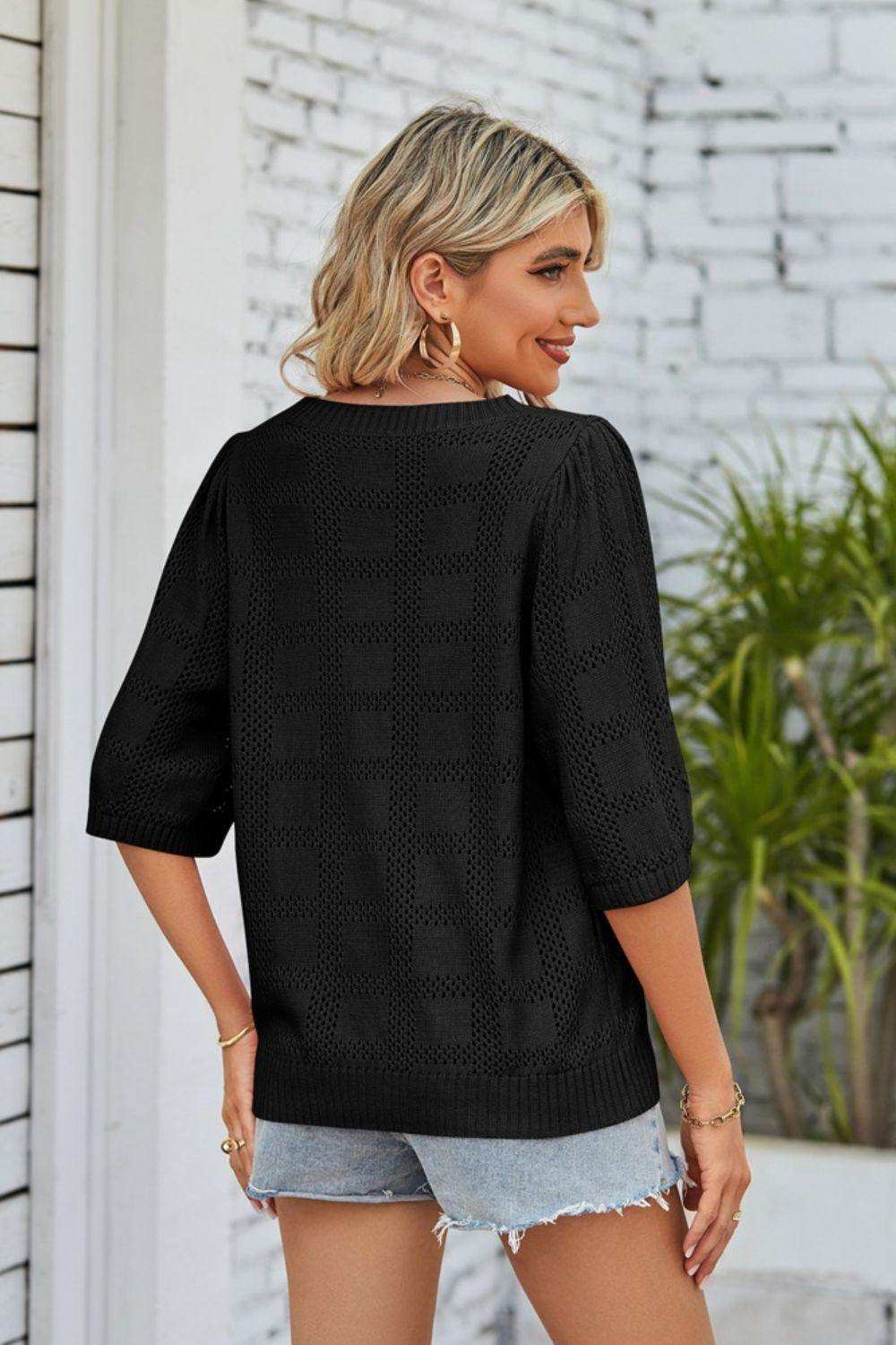 Ribbed Trim Round Neck Knit Top - Trendsi - Flyclothing LLC