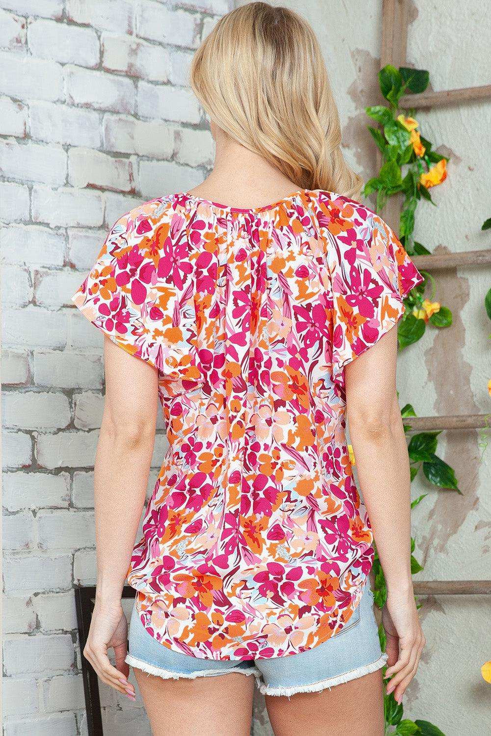 Floral Tie Neck Flutter Sleeve Blouse - Trendsi - Flyclothing LLC
