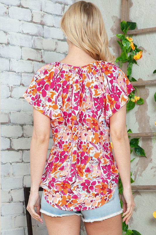 Floral Tie Neck Flutter Sleeve Blouse - Trendsi - Flyclothing LLC