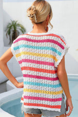 Striped V-Neck Slit Cover Up - Trendsi - Flyclothing LLC