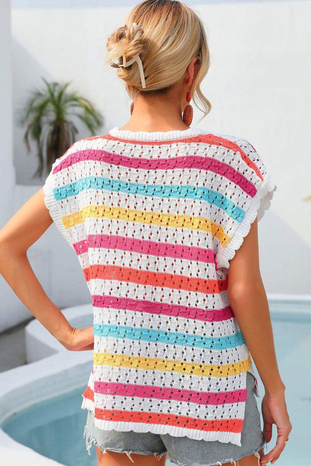 Striped V-Neck Slit Cover Up - Trendsi - Flyclothing LLC
