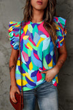 Printed Round Neck Butterfly Sleeve Top - Trendsi