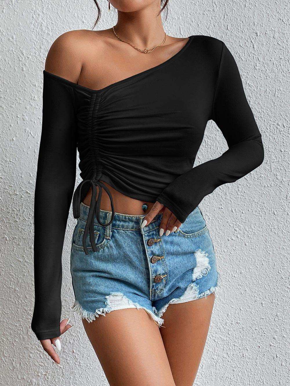 Asymmetrical Long Sleeve Side Tie Blouse - Trendsi - Flyclothing LLC