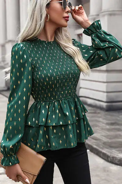 Smocked Flounce Sleeve Layered Blouse - Trendsi - Flyclothing LLC