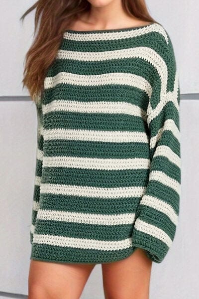 Striped Round Neck Dropped Shoulder Sweater - Trendsi