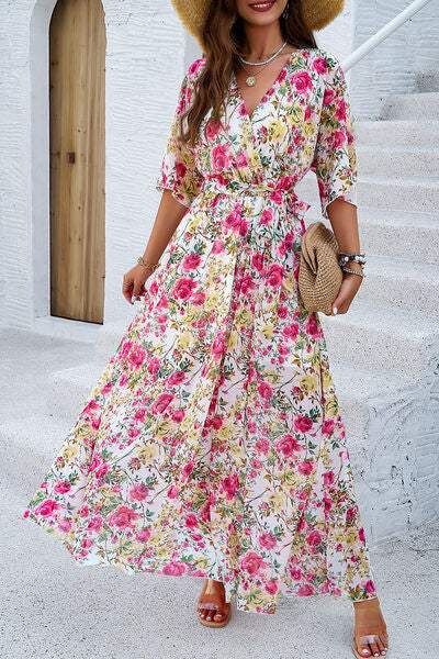 Printed Tied Half Sleeve Slit Dress - Trendsi - Flyclothing LLC