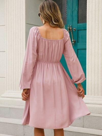 Off-Shoulder Balloon Sleeve Smocked Dress - Trendsi