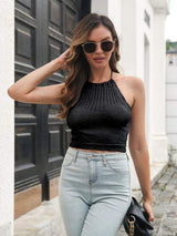 Openwork Halter Neck Cropped Knit Cami - Trendsi - Flyclothing LLC