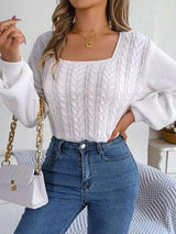 Cable-Knit Square Neck Long Sleeve Sweater - Trendsi - Flyclothing LLC